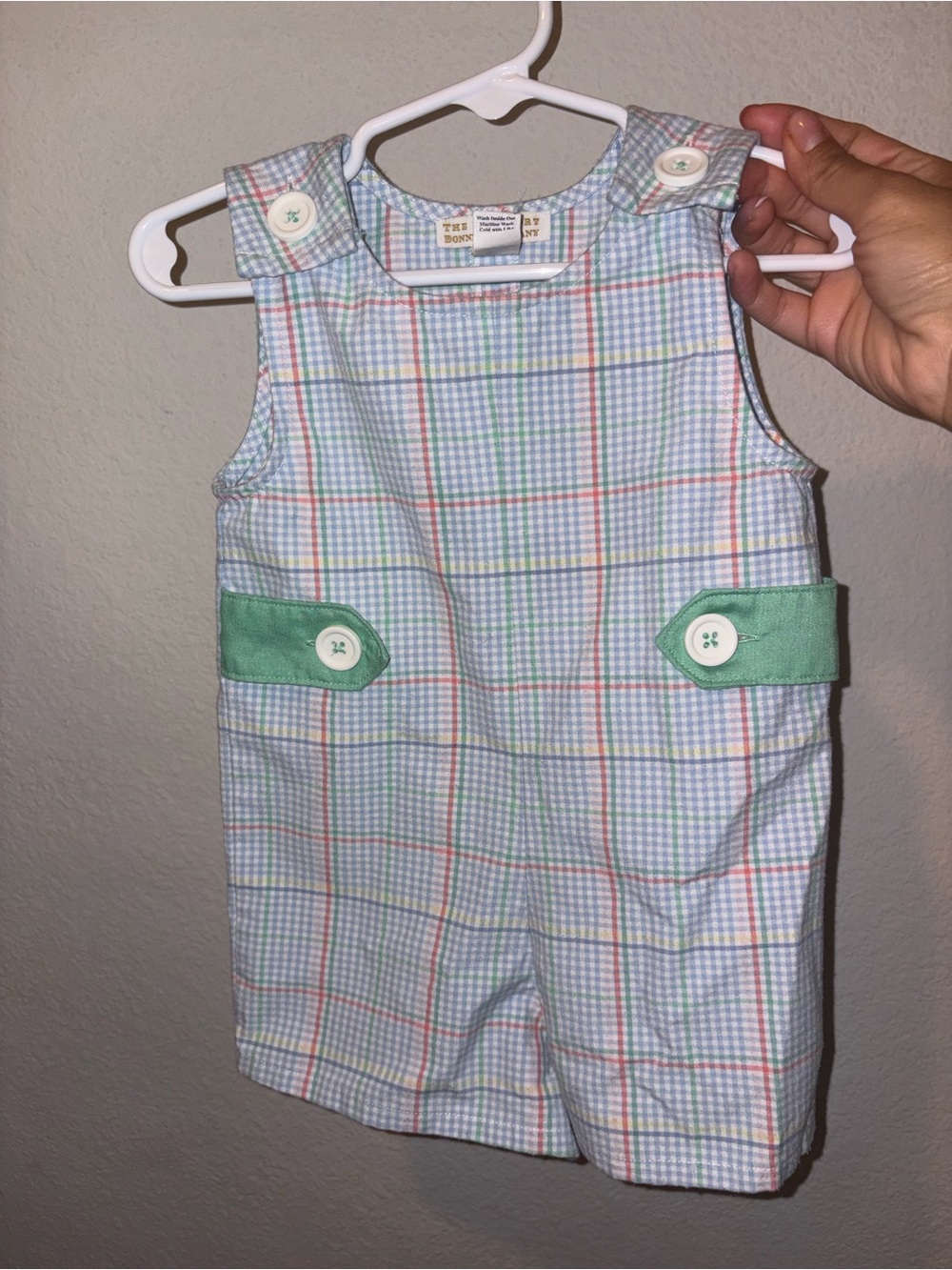 The Beaufort Bonnet Company Pastel Plaid Romper with Mint and Coral Accents